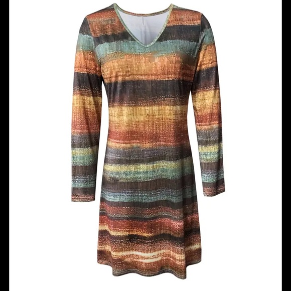 Boutique Dresses & Skirts - V-Neck Midi Dress Casual Long Sleeve Geometric Pattern Large